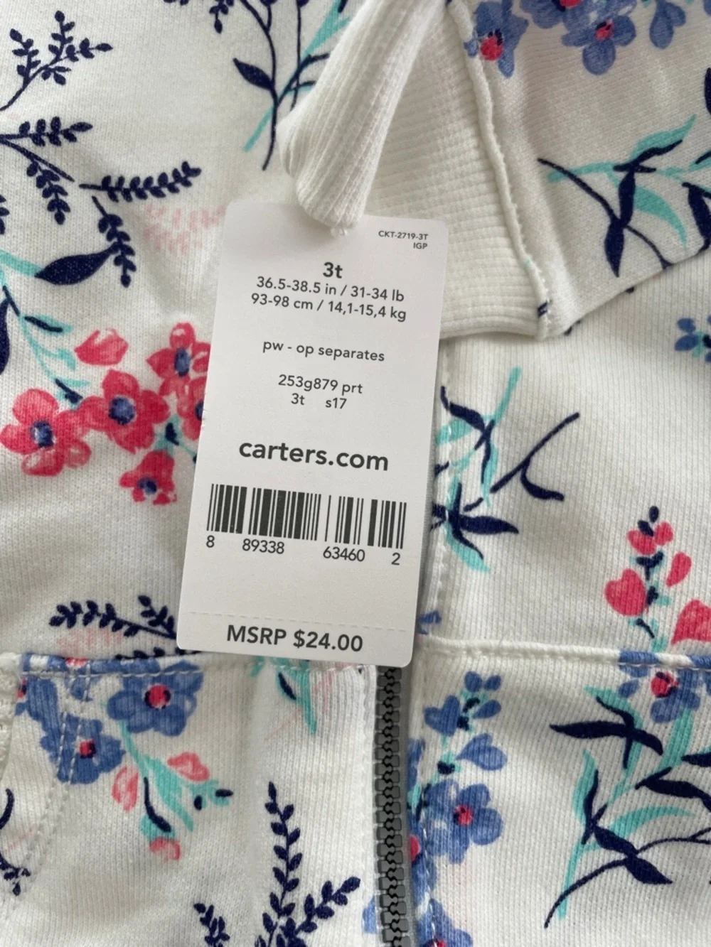 SALE! NWT Carter's White Floral Zip Hoodie with Pink and Blue Flowers SIZE 3T